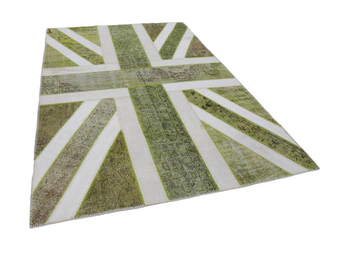 Flag Patchwork Green Figured Cotton Wool Handmade Area Rug 6'7'' x 9'11''