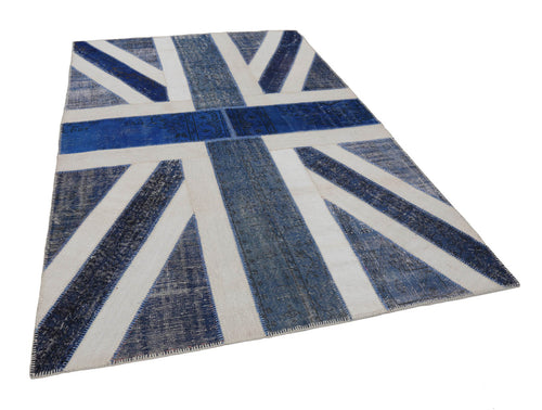 Flag Patchwork Blue Figured Cotton Wool Handmade Area Rug 6'7'' x 9'11''