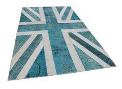 Flag Patchwork Turquoise Figured Cotton Wool Handmade Area Rug 6'4'' x 9'11''