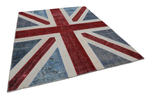 Flag Patchwork Blue Figured Cotton Wool Handmade Area Rug 8'2'' x 10'2''