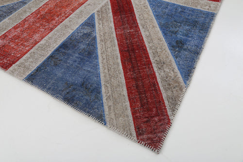 Flag Patchwork Blue Figured Cotton Wool Handmade Area Rug 8'2'' x 10'2''