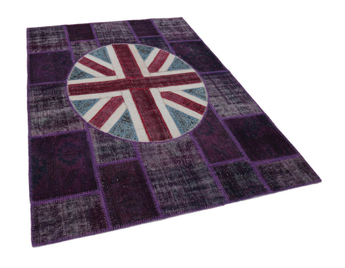 Flag Patchwork Purple Figured Cotton Wool Handmade Area Rug 5'8'' x 8'1''