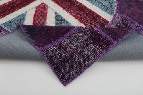 Flag Patchwork Purple Figured Cotton Wool Handmade Area Rug 5'8'' x 8'1''