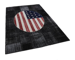 Flag Patchwork Black Figured Cotton Wool Handmade Area Rug 5'8'' x 8'2''