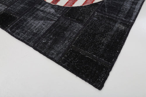 Flag Patchwork Black Figured Cotton Wool Handmade Area Rug 5'8'' x 8'2''