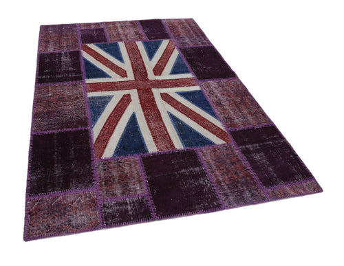 Flag Patchwork Purple Figured Cotton Wool Handmade Area Rug 5'7'' x 8'1''