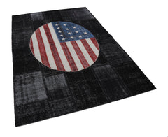 Flag Patchwork Black Figured Cotton Wool Handmade Area Rug 5'7'' x 8'1''
