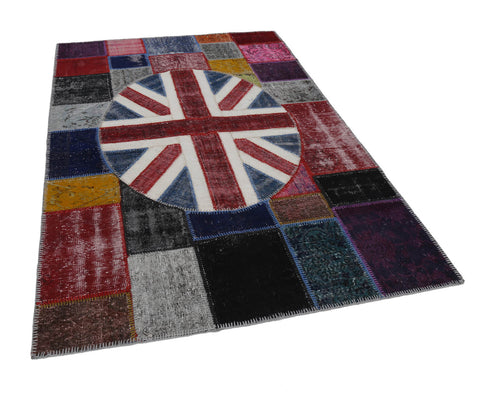 Flag Patchwork Blue Figured Cotton Wool Handmade Area Rug 5'7'' x 8'2''