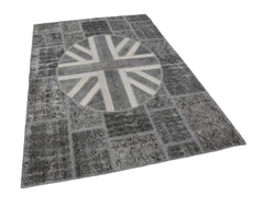 Flag Patchwork Grey Figured Cotton Wool Handmade Area Rug 5'7'' x 8'2''