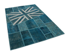 Flag Patchwork Turquoise Figured Cotton Wool Handmade Area Rug 5'9'' x 7'11''