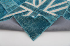 Flag Patchwork Turquoise Figured Cotton Wool Handmade Area Rug 5'9'' x 7'11''