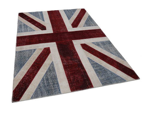 Flag Patchwork Blue Figured Cotton Wool Handmade Area Rug 5'8'' x 7'10''