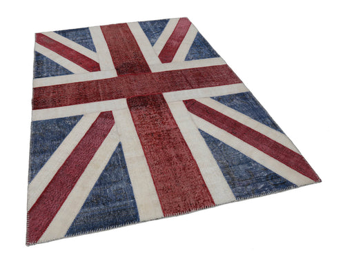 Flag Patchwork Blue Figured Cotton Wool Handmade Area Rug 5'8'' x 7'11''