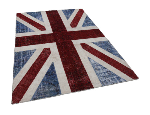 Flag Patchwork Blue Figured Cotton Wool Handmade Area Rug 5'7'' x 8'0''