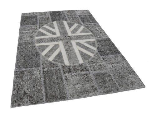 Flag Patchwork Grey Figured Cotton Wool Handmade Area Rug 5'7'' x 8'2''