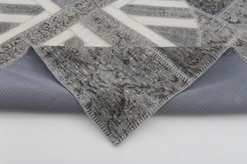 Flag Patchwork Grey Figured Cotton Wool Handmade Area Rug 5'7'' x 8'2''