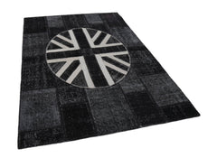 Flag Patchwork Black Figured Cotton Wool Handmade Area Rug 5'8'' x 8'2''