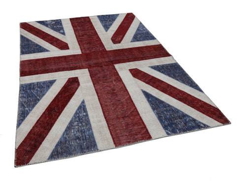 Flag Patchwork Blue Figured Cotton Wool Handmade Area Rug 5'8'' x 7'10''