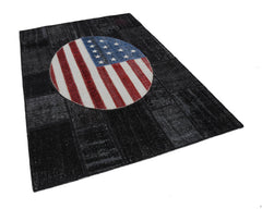 Flag Patchwork Black Figured Cotton Wool Handmade Area Rug 5'8'' x 8'1''