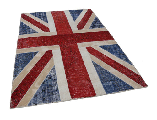 Flag Patchwork Blue Figured Cotton Wool Handmade Area Rug 5'8'' x 8'0''