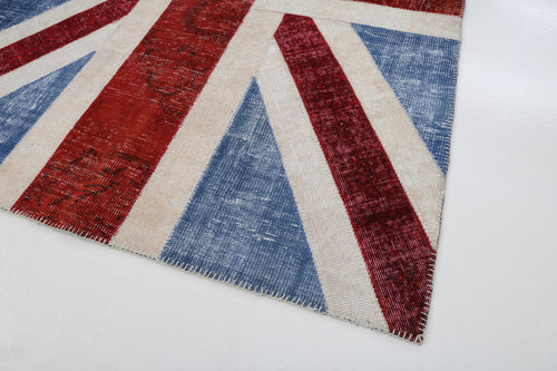 Flag Patchwork Blue Figured Cotton Wool Handmade Area Rug 5'8'' x 7'11''