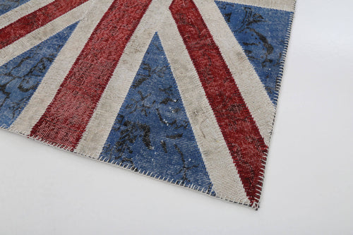 Flag Patchwork Blue Figured Cotton Wool Handmade Area Rug 4'0'' x 6'0''