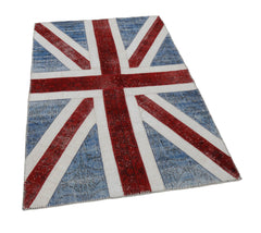 Flag Patchwork Blue Figured Cotton Wool Handmade Area Rug 4'0'' x 6'0''