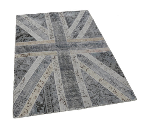 Flag Patchwork Grey Figured Cotton Wool Handmade Area Rug 4'1'' x 6'0''