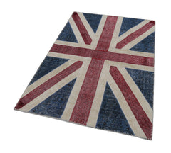 Flag Patchwork Blue Figured Cotton Wool Handmade Area Rug 4'0'' x 5'11''