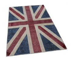 Flag Patchwork Blue Figured Cotton Wool Handmade Area Rug 4'0'' x 5'11''