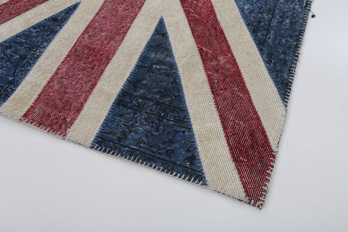 Flag Patchwork Blue Figured Cotton Wool Handmade Area Rug 4'0'' x 5'11''