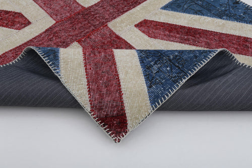 Flag Patchwork Blue Figured Cotton Wool Handmade Area Rug 4'0'' x 5'11''