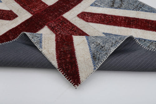 Flag Patchwork Blue Figured Cotton Wool Handmade Area Rug 4'0'' x 6'0''