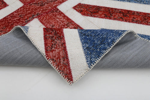 Flag Patchwork Blue Figured Cotton Wool Handmade Area Rug 4'1'' x 6'0''