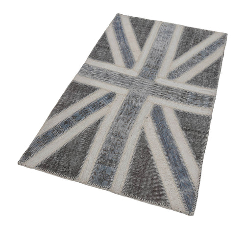 Flag Patchwork Grey Figured Cotton Wool Handmade Area Rug 3'1'' x 5'1''