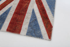 Flag Patchwork Blue Figured Cotton Wool Handmade Area Rug 2'8'' x 5'0''