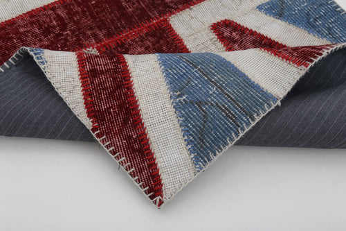 Flag Patchwork Blue Figured Cotton Wool Handmade Area Rug 2'8'' x 5'0''