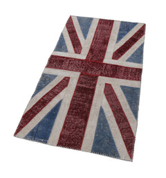 Flag Patchwork Blue Figured Cotton Wool Handmade Area Rug 2'8'' x 5'0''