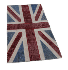 Flag Patchwork Blue Figured Cotton Wool Handmade Area Rug 2'8'' x 5'0''