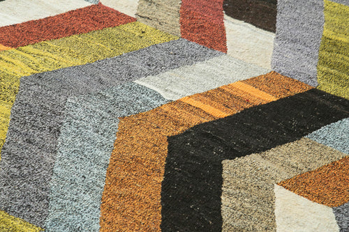 Handmade Area Rug - Vintage Wool Rug with Orange Geometric Design, 5'11''x8'0''