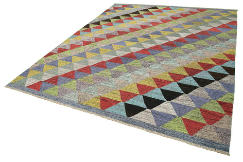 Handmade Area Rug - Blue Geometric Vintage Wool Cotton Carpet 8'4''x10'1''