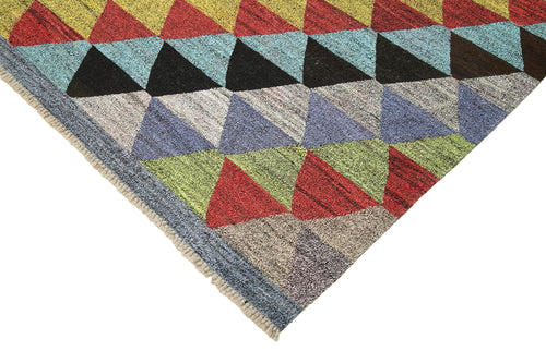 Handmade Area Rug - Blue Geometric Vintage Wool Cotton Carpet 8'4''x10'1''