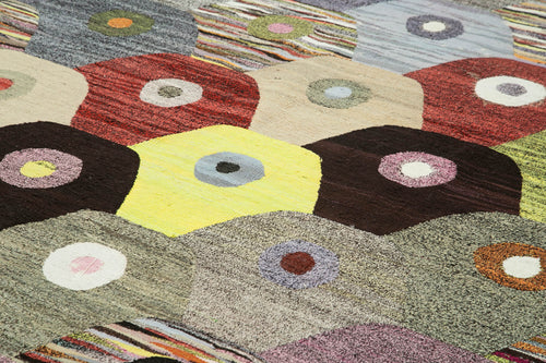 Handmade Area Rug - Green Geometric Cotton Wool Vintage Handwoven Carpet 9'4" x 12'6"