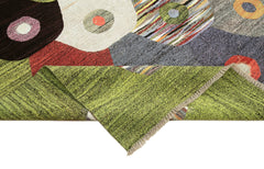 Handmade Area Rug - Green Geometric Cotton Wool Vintage Handwoven Carpet 9'4" x 12'6"