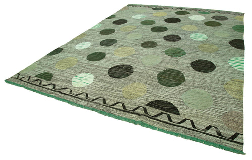 Scrap Green Geometric Cotton Wool Handmade Area Rug 10'0'' x 14'2''