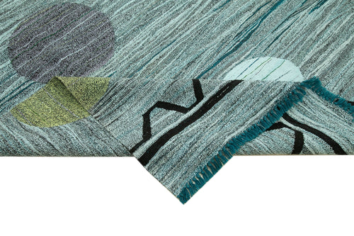 Scrap Turquoise Geometric Cotton Wool Handmade Area Rug 10'1'' x 14'3''