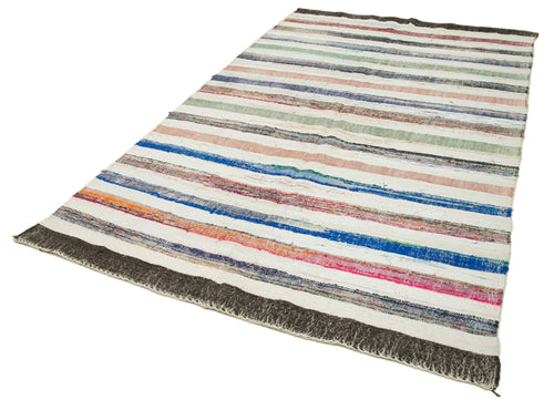 Chaput Kilim White Striped Cotton Wool Handmade Area Rug 5'8'' x 9'6''