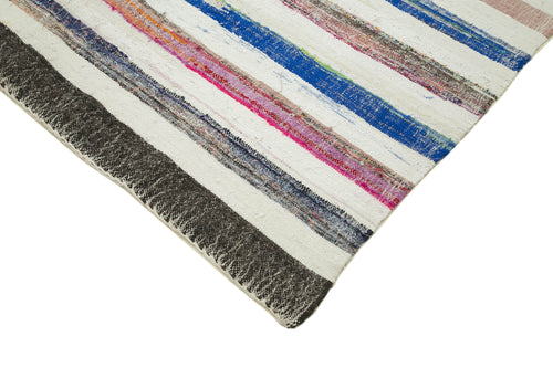 Chaput Kilim White Striped Cotton Wool Handmade Area Rug 5'8'' x 9'6''