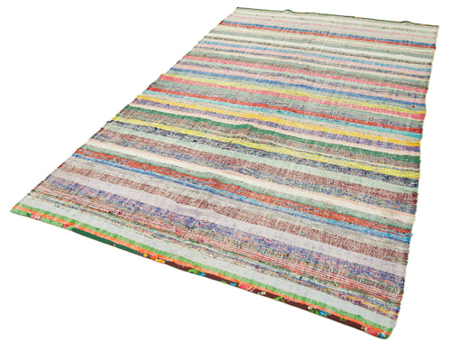 Handmade Area Rug – Blue Striped Kilim Cotton Wool Vintage Turkish Carpet 5'6''x10'4''