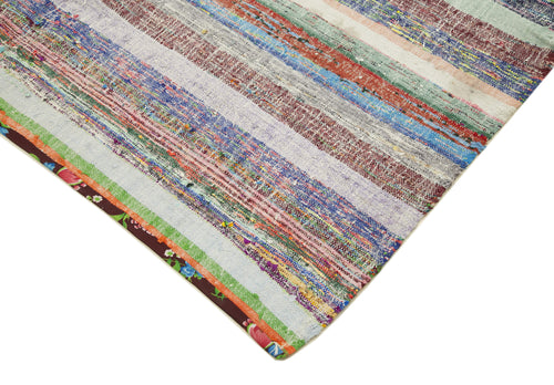 Handmade Area Rug – Blue Striped Kilim Cotton Wool Vintage Turkish Carpet 5'6''x10'4''